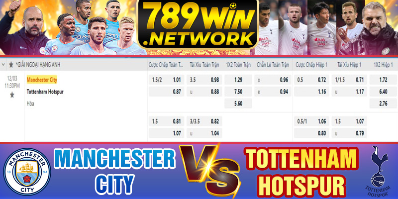 Tỷ lệ kèo Man City vs Tottenham tại nhà cái 789win